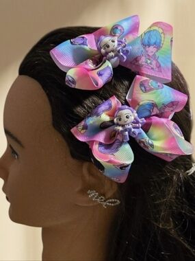 K-pop  Rainbow Character Bow Hair Clips for Kids - Pink Blue Multicolor